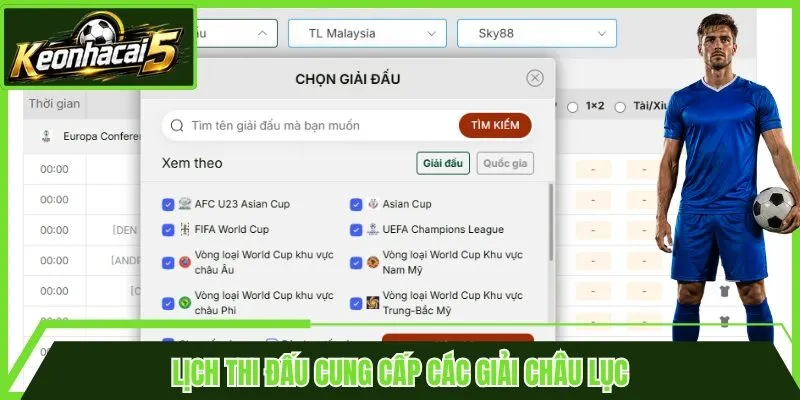 Lịch thi đấu cung cấp các giải châu lục
